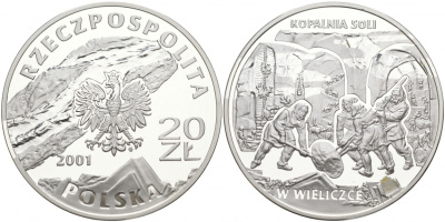Польша 20 злотых 2001 соляная шахта в Величке KM 409 серебро PROOF 00-00