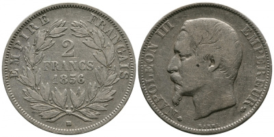 Франция 2 франка 1856 ВВ, Наполеон III, редкий год KM 780.2 серебро 00-821-01