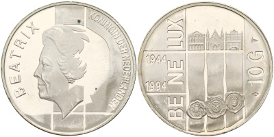 Нидерланды 10 гульденов 1994 50 лет Бе-Ни-Люкс, три здания парламентов KM 216 серебро 1517-111