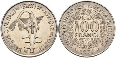 Валютное сообщество стран Западной Африки 100 франков 1977  KM 4 никель  UNC  4595-754