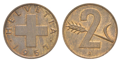 Швейцария 2 раппена 1957 B KM 47 бронза 4630-753