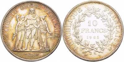 Франция 10 франков 1965 А, Геракл с богинями равенства и братства KM 932 серебро UNC 413-1243