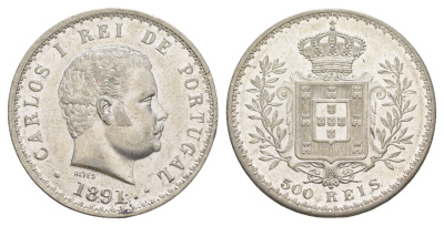 Португалия 500 реалов 1891 Карлуш I (1889-1908) KM 535 серебро 4127-932
