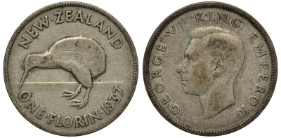 Новая Зеландия 1 флорин 1937 Георг VI (1936-1952), птичка киви, первый год KM 10.1 серебро 272-1433