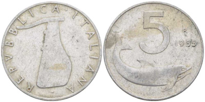 ИТАЛИЯ 5 ЛИР 1955 R, РУЛЬ, ДЕЛЬФИН KM 92 алюминий 175-126