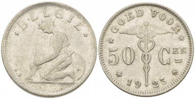 БЕЛЬГИЯ 50 САНТИМОВ 1923 BELGIE KM 88 никель 261-1655