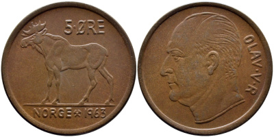 НОРВЕГИЯ 5 ЭРЕ 1963 ЛОСЬ KM 405 бронза 51-1546
