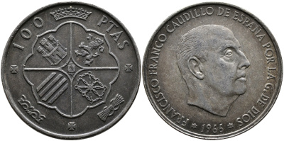 Испания 100 песет 1966 (67) Франсиско Франко (1939-1975) KM 797 серебро 1515-945