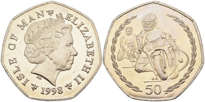 Остров Мэн 50 пенсов 1998 PM, АА, мотогонки, Елизавета II (1952), редкая KM 905 медно-никель BUNC 603-1024