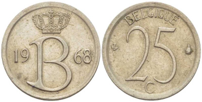 Бельгия 25 сантимов 1968 Belgique, Бодуэн I (1951-1993) KM 153.1 медно-никель 4387-1161