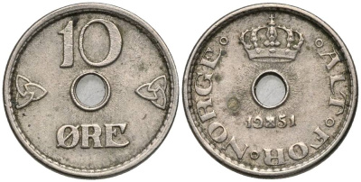 Норвегия 10 эре 1951 Хокон VII (1905-1957) KM 383 медно-никель 4549-962