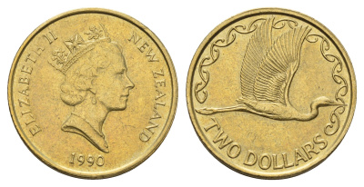 Новая Зеландия 2 доллара 1990 Елизавета II (1952-2022), большая белая цапля KM 79 алюминиевая бронза 98-1237