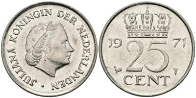 НИДЕРЛАНДЫ 25 ЦЕНТОВ 1971 ЮЛИАНА KM 183 никель 96-224