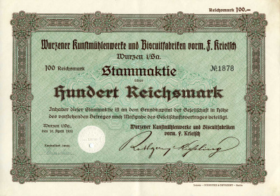 Германия 100 рейхсмарок 1931 Художественные фабрики Вюрцена и бисквитные фабрики, в частности, им. Ф. Критча, им. Вюрцена и др., зеленая, акция   бумага   8801-48-1