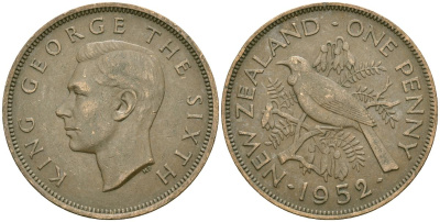 Новая Зеландия 1 пенни 1952 Георг VI (1936-1952), новозеландский туи KM 21 бронза 4120-116