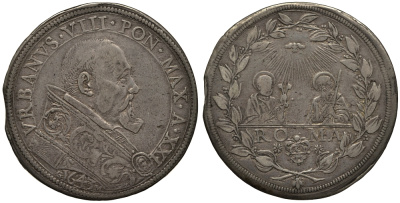 Ватикан 1 пиастр 1643 Урбан VIII Dav. 4061, Muntoni 28 серебро 00-000-00