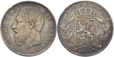 Бельгия 5 франков 1873 Леопольд II (1865-1909), позиция А KM 24 серебро 5010-924
