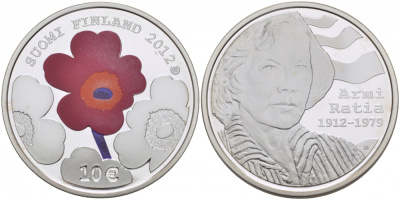 Финляндия 10 евро 2012 Арми Ратия (1912-1979), эмаль KM 188 серебро PROOF 11-098-22
