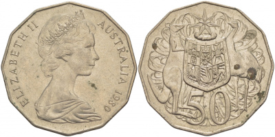 Австралия 50 центов 1980 Елизавета II (1952-2022), герб, кенгуру KM 68 медно-никель 3457-221