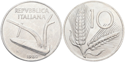 Италия 10 лир 1980 R, КОЛОС, плуг KM 93 алюминий 4519-1056