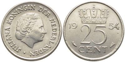 НИДЕРЛАНДЫ 25 ЦЕНТОВ 1954 ЮЛИАНА KM 183 никель 112-315
