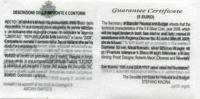 Сан-Марино 5 евро 2008 Олимпиада в Пекине, танец с лентами, в коробке с сертификатом KM 513 серебро PROOF 2-4-2-12