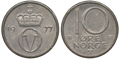 Норвегия 10 эре 1977 Улаф V (1957-1991) KM 416 медно-никель 4128-1146