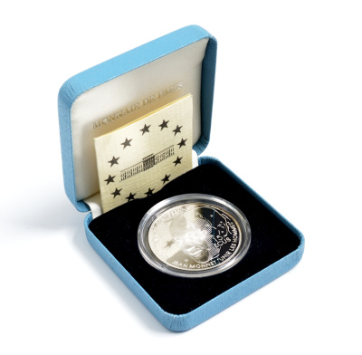 Франция 100 франков - 15 экю 1992 Жан Моне, в оригинальной коробке с сертификатом KM 1012 серебро PROOF 7-5-6-35