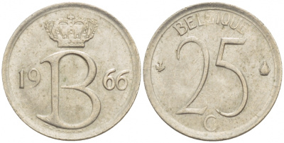 БЕЛЬГИЯ 25 САНТИМОВ 1966 BELGIQUE KM 153.1 медно-никель 4532-463