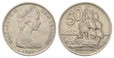 Новая Зеландия 50 центов 1967 Елизавета II (1952-2022), парусник Индевор KM 37.1 медно-никель 4672-316