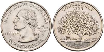 США 25 центов = квотер 1999 D, серия штаты США, Коннектикут KM 297 медь плакированная медно-никелем 4586-121