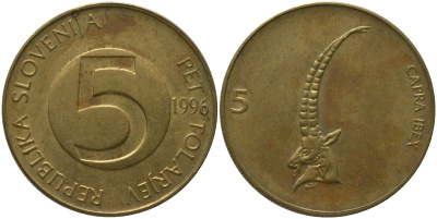 Словения 5 толаров 1996 KM 6 латунь 4548-933