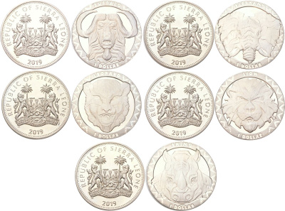 Сьерра-Леоне полный набор из 5 монет (1 доллар) 2019 Большая африканская пятерка (Африканские маски животных ) - Буйвол, Слон, Леопард, Лев, Носорог KM 462, 463, 464, 465, 466 и 467 медно-никель BU M26-07