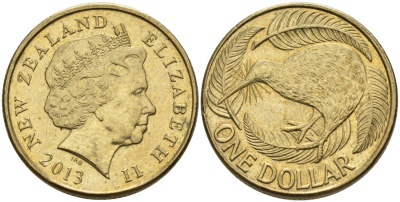 Новая Зеландия 1 доллар 2013 Елизавета II (1952-2022), птица киви  KM 120 алюминиевая бронза 61-1146