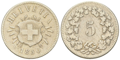 Швейцария 5 раппенов 1850 AB KM 5 серебро 4189-721