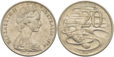 Австралия 20 центов 1974 Елизавета II (1952-2022), утконос KM 66 медно-никель 215-1125