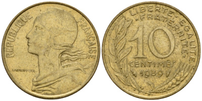 Франция 10 сантимов 1989 тип Marianne KM 929, le Franc 144.29 алюминиевая бронза 4391-1155
