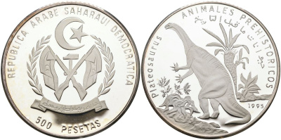 Сахара 500 песет 1995 серия доисторические живоные, платеозавр KM 28 серебро PROOF 11-138-25