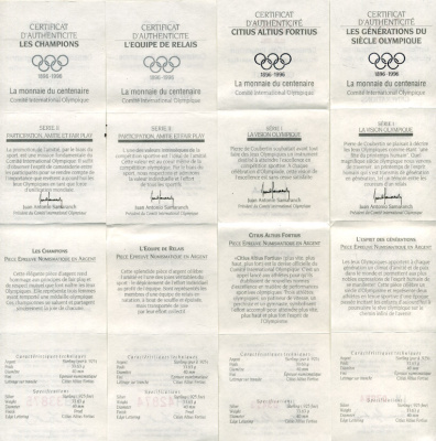 Австралия, Греция, Австрия, Франция, Канада набор из 10 монет 1996 100 лет Олимпийскому комитету (1896-1996), в оригинальной коробке с сертификатами KM 218, 219, 3026, 3027, 215, 216, 1047, 1048, 165, 166 серебро PROOF 14-01-03-26