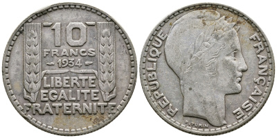 Франция 10 франков 1932 Пьер Тюрен KM 878, Le Franc 360.5 серебро 4683-1026