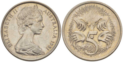 Австралия 5 центов 1981 Елизавета II (1952-2022), ехидна KM 64 медно-никель 100-1234