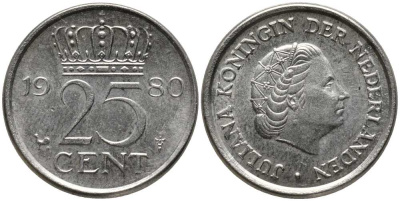 НИДЕРЛАНДЫ 25 ЦЕНТОВ 1980 ЮЛИАНА KM 183 никель 112-747