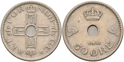 Норвегия 50 эре 1941 Хокон VII (1905-1957) KM 386 медно-никель    4595-1016