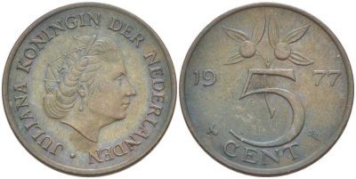 Нидерланды 5 центов 1977 Юлиана (1948-1980) KM 181 бронза 213-1142