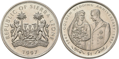 Сьерра-Леоне 1 доллар 1997 Золотая годовщина свадьбы – день свадьбы королевской пары KM 59 медно-никель BU 4368-931