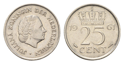 Нидерланды 25 центов 1961 Юлиана (1948-1980) KM 183 никель 4658-822