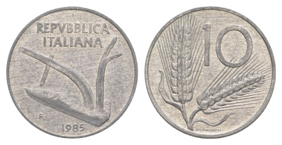 Италия 10 лир 1985 R, колосья, плуг KM 93 алюминий 4633-752