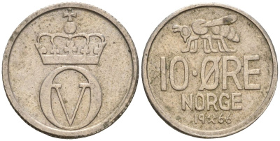 Норвегия 10 эре 1966 Улаф V (1958-1991) KM 411 медно-никель 4608-333