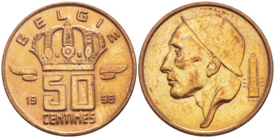 БЕЛЬГИЯ 50 САНТИМОВ 1998 BELGIE, БОДУЭН I (1951-1993) KM 149.1 бронза 214-669