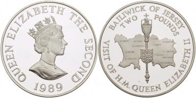 Джерси 2 фунта 1989 королевский визит, королевский жезл на карте KM 76a серебро PROOF 00-00-00